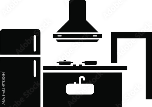Modern kitchen silhouette with refrigerator stove and hood