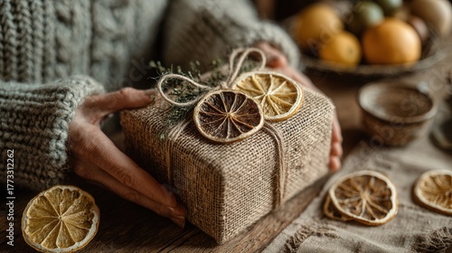 Person wrapping festive gift box with natural packaging and dried citrus decor