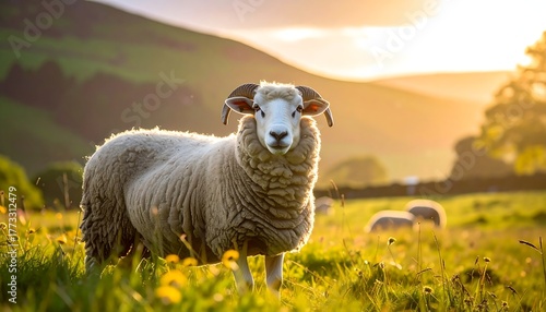 Fototapeta Naklejka Na Ścianę i Meble -  A ram stands in a field, bathed in warm sunlight, with a blurred background