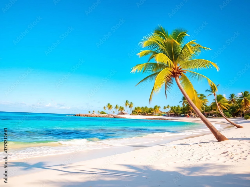 Naklejka premium Sun-drenched sands meet turquoise waters under a clear blue sky, palm trees sway gently, calm, remote
