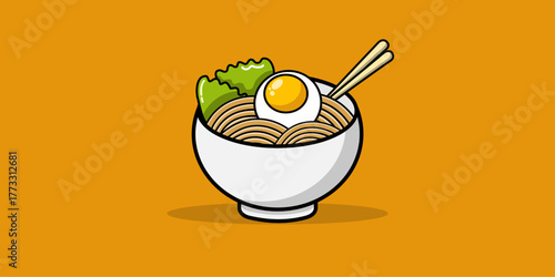 Bowl of Noodles with Egg and Chopsticks Vector Illustration