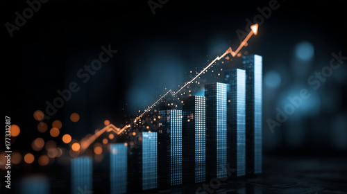 Gráfico de colunas com seta para baixo simboliza queda econômica, retração de resultados, baixa performance e desafios corporativos, destacando tendência negativa no mercado