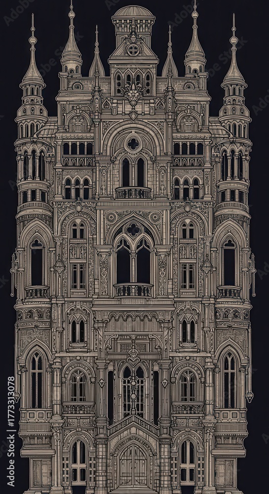 Fototapeta premium Ornate, detailed facade of a tall, historic European-style building rendered in monochrome illustration