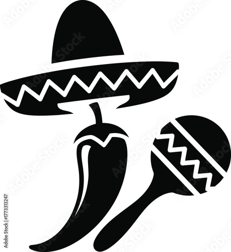 Mexican fiesta symbols sombrero chili pepper and maracas icon