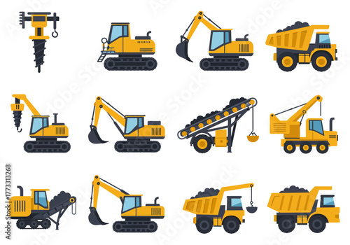 Diverse Heavy Equipment Collection Vector Set of Construction Vehicles for Industrial Projects