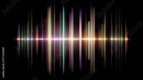 Colorful vertical light bars and reflections forming soundwave like pattern with glowing center and dark background creating dynamic atmospheric