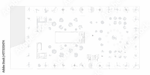 Top down architectural plan showing building structures and stylized trees in a minimalist grayscale design