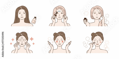 Illustrated step by step guide of a woman applying skincare products for a healthy complexion