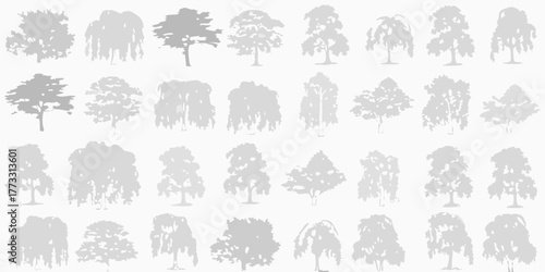 Collection of diverse grey tree silhouettes in a grid pattern on a white background