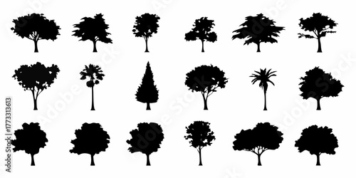 Collection of diverse black tree silhouettes isolated on a white background