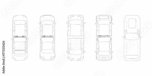 Top down view line drawing of different car models and types arranged in a row