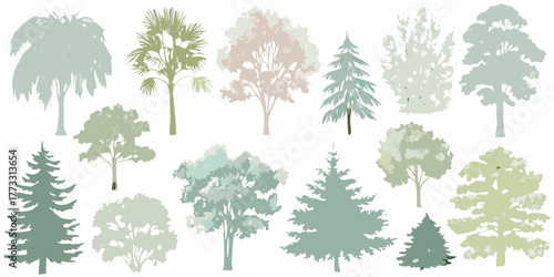 Collection of stylized trees and palm trees in various shades of green and pastel colors on a white background