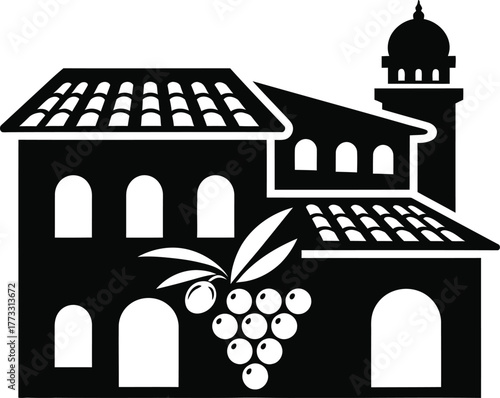 Vineyard estate building with grapes and dome tower