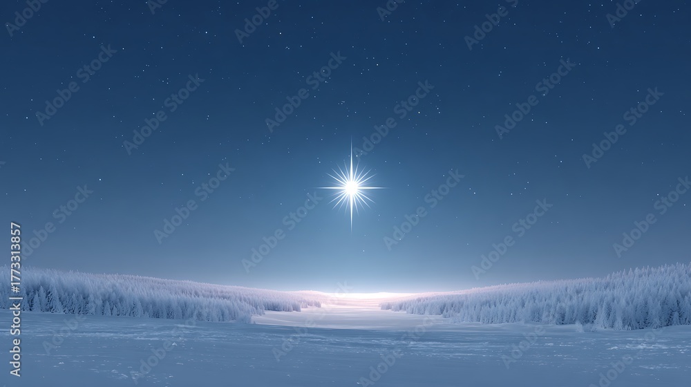 Naklejka premium Large Christmas star glowing above snowy landscape