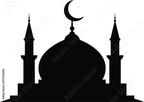 Silhouette of a mosque with crescent moon and minarets