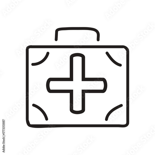 A simple black and white line drawing icon of a first aid kit with a cross symbol.