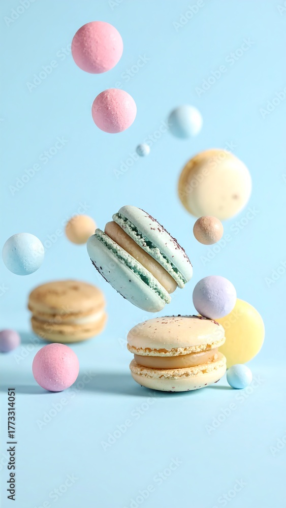 Fototapeta premium Pastel-colored macarons float with matching spheres against a baby-blue backdrop