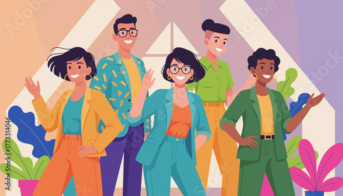 Colorful illustration of a confident diverse professional team smiling and posing proudly