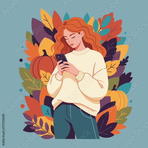 Autumn lifestyle concept Woman checking smartphone surrounded by fall leaves and pumpkins