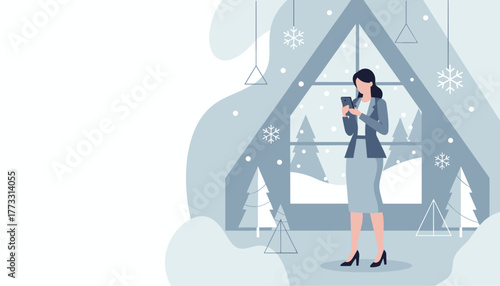 Professional woman using a smartphone indoors viewing a snowy winter landscape through a large window