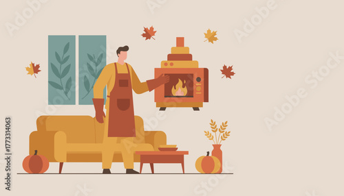 Man warming up by a home fireplace in a cozy autumn living room illustration