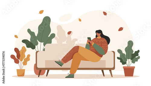 Cozy woman using a smartphone on a sofa surrounded by plants enjoying autumn comfort and leisure