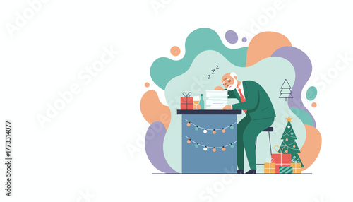 Stressed senior businessman asleep on a pile of work documents during the festive holiday season