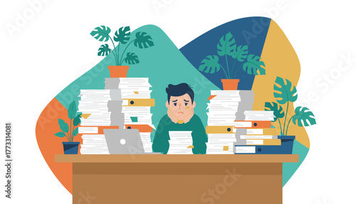 Overwhelmed office worker buried under stacks of papers and files Stress burnout bureaucracy concept