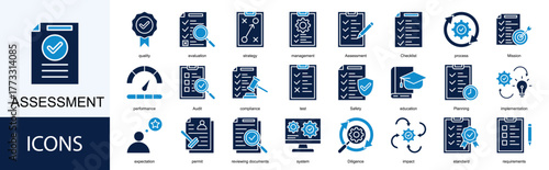 assessment icon collection set. Containing quality, evaluation, strategy, management, process, Mission icon. Simple line vector