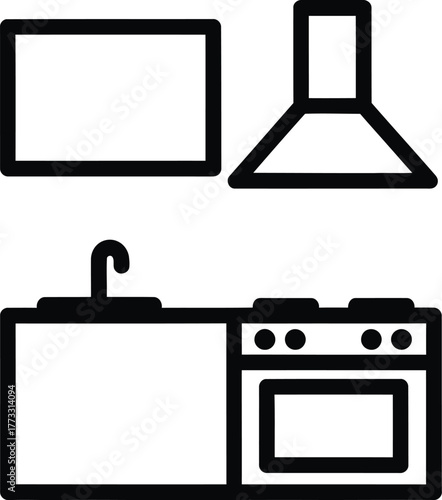 Simple line art icons representing kitchen appliances and fixtures