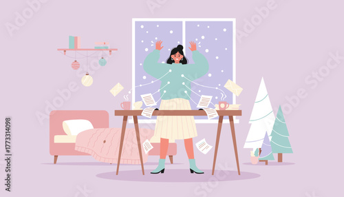 Overwhelmed woman stressed by excessive winter holiday workload and incoming deadlines in a home office