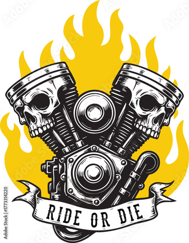 A fiery engine fused with skull pistons, symbolizing raw power, rebel and the fearless spirit to ride or die.
