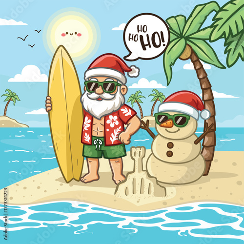 “Tropical Beach Santa” is a fun and vibrant Christmas illustration that brings holiday cheer to sunny shores! Featuring Santa Claus in beach shorts, sunglasses, and a Hawaiian shirt, standing beside a