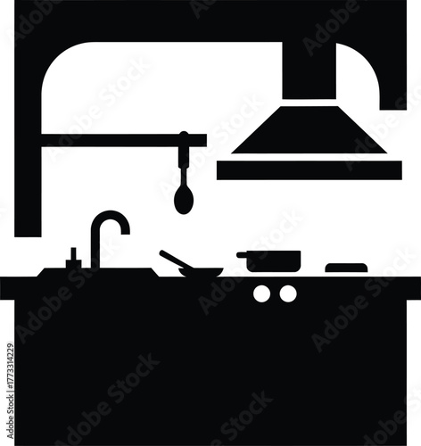 Silhouette of a modern kitchen counter with stove and sink
