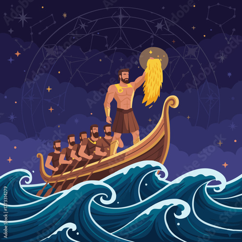 Flat vector illustration of Jason aboard the Argo holding the Golden Fleece, crew members behind him, stylized ocean waves and stars forming a mythic sky. Greek Myth