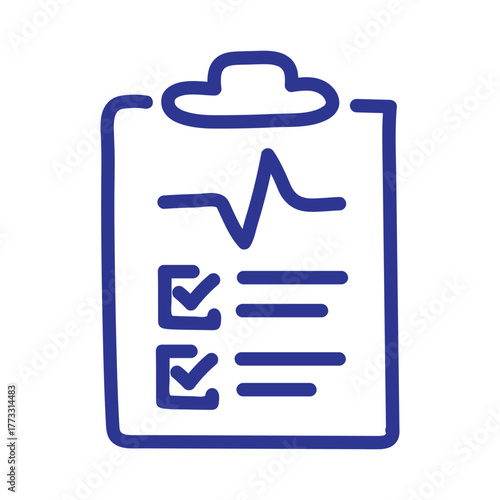 Blue line art icon of a medical clipboard showing a health report with a vital sign and checklist.