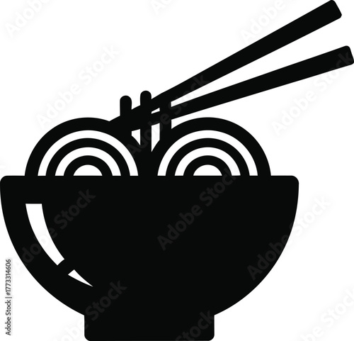 Simple black icon of noodles in a bowl with chopsticks