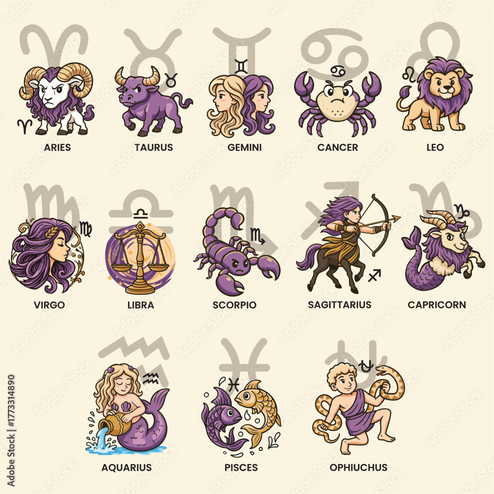 Fototapeta premium “Cartoon Horoscope Zodiac Symbols” is a beautifully detailed vector illustration featuring all twelve Western zodiac signs — Aries, Taurus, Gemini, Cancer, Leo, Virgo, Libra, Scorpio, Sagittarius, Cap