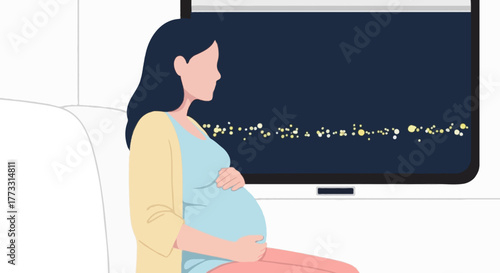 Flat vector illustration of a pregnant woman sitting by the window on a night train, city lights visible outside