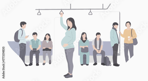 Flat vector illustration of a pregnant woman standing on a subway, holding the overhead handrail