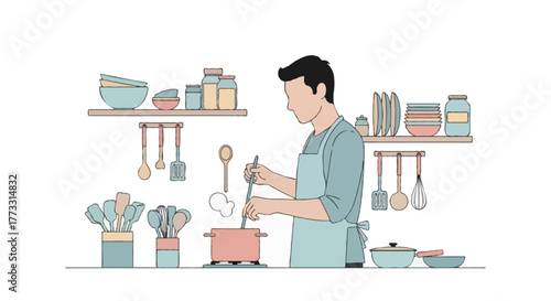 Flat vector illustration of a faceless man cooking in the kitchen