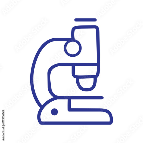 Blue line art icon of a laboratory microscope for scientific research and discovery.