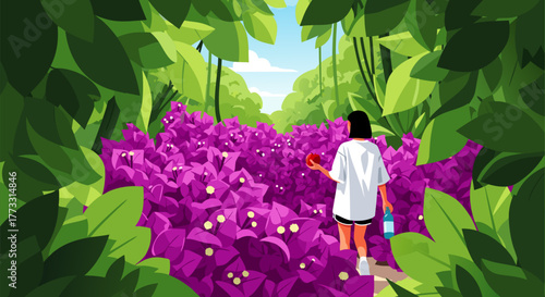 Woman exploring a vibrant path surrounded by lush green foliage and blooming purple flowers in nature