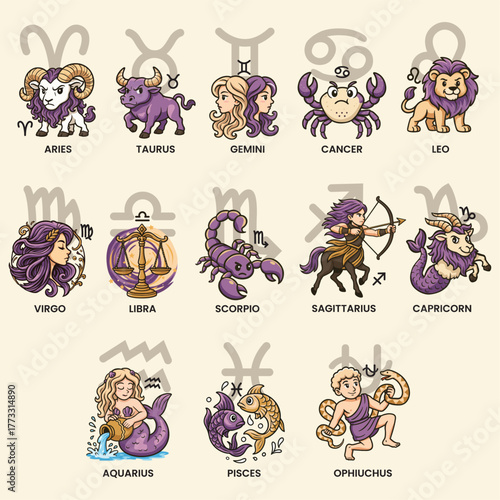 “Cartoon Horoscope Zodiac Symbols” is a beautifully detailed vector illustration featuring all twelve Western zodiac signs — Aries, Taurus, Gemini, Cancer, Leo, Virgo, Libra, Scorpio, Sagittarius, Cap