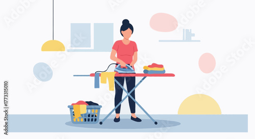 Flat vector illustration of a faceless woman ironing clothes on an ironing board