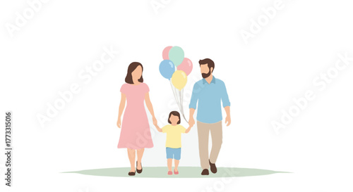 Flat family illustration walking together in the park, child holding colorful balloons, parents walking hand in hand