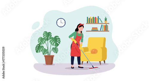 Flat vector illustration of a faceless woman mopping the floor in a cozy living room