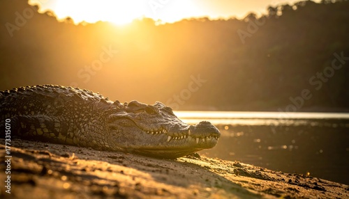 A sunlit crocodile rests near a body of water at golden hour
