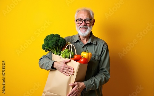 Cool old mature senior man with gray beard shopping hold grocery shopping bag with healthy organic vegetables on yellow. High quality