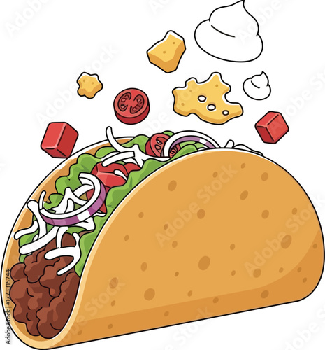 Delicious cartoon taco with falling toppings on a light background illustration